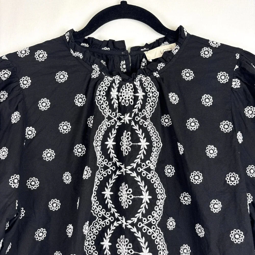 LOFT Black‎ Embroidered Puff Sleeve Top Women's Size Large Boho Cottagecore